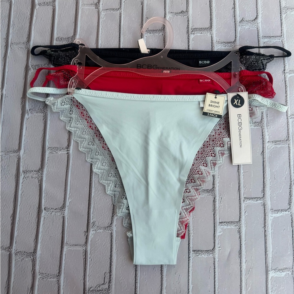 BCBG 3 Pack Women's XL Back Lace Cheeky Bikini Panties Gray Red Black